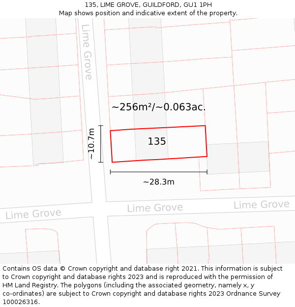135, LIME GROVE, GUILDFORD, GU1 1PH: Plot and title map