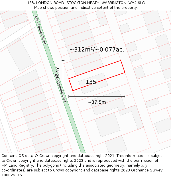 135, LONDON ROAD, STOCKTON HEATH, WARRINGTON, WA4 6LG: Plot and title map