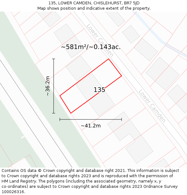 135, LOWER CAMDEN, CHISLEHURST, BR7 5JD: Plot and title map