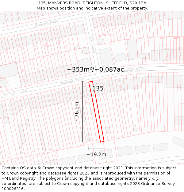 135, MANVERS ROAD, BEIGHTON, SHEFFIELD, S20 1BA: Plot and title map