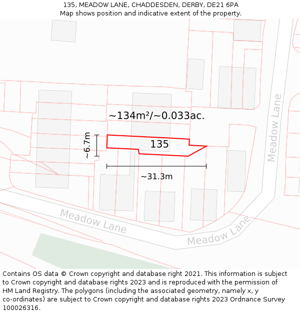 135, MEADOW LANE, CHADDESDEN, DERBY, DE21 6PA: Plot and title map