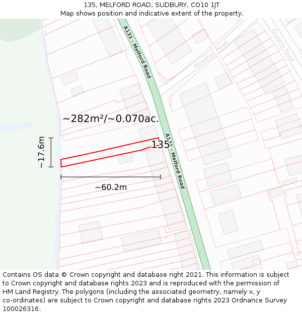 135, MELFORD ROAD, SUDBURY, CO10 1JT: Plot and title map