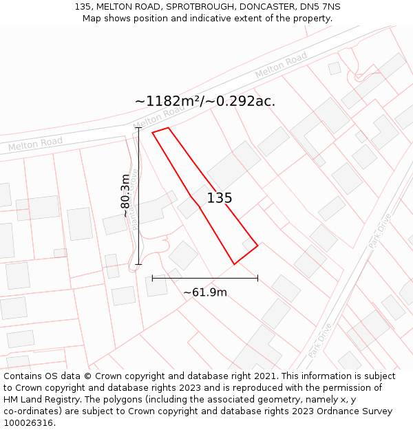 135, MELTON ROAD, SPROTBROUGH, DONCASTER, DN5 7NS: Plot and title map