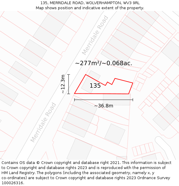 135, MERRIDALE ROAD, WOLVERHAMPTON, WV3 9RL: Plot and title map