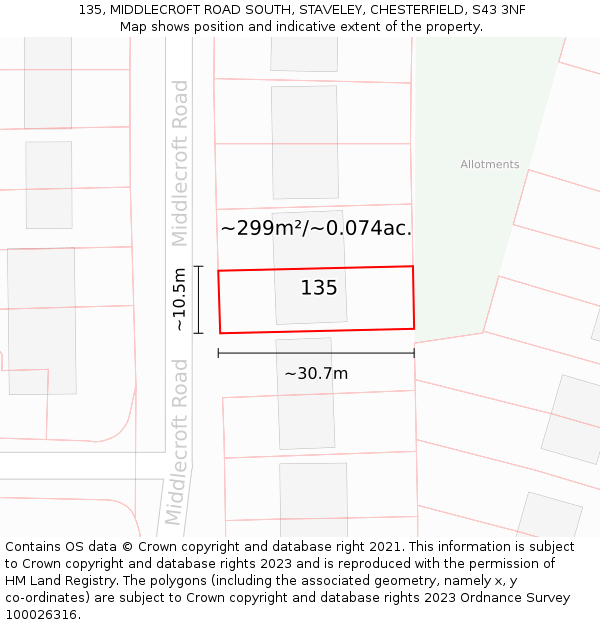 135, MIDDLECROFT ROAD SOUTH, STAVELEY, CHESTERFIELD, S43 3NF: Plot and title map