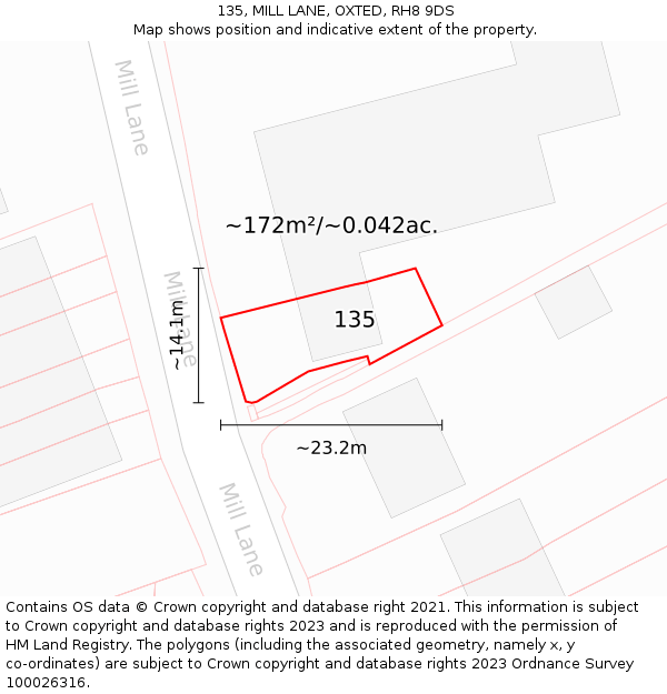 135, MILL LANE, OXTED, RH8 9DS: Plot and title map