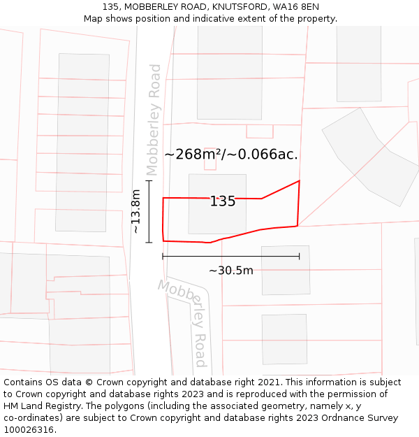135, MOBBERLEY ROAD, KNUTSFORD, WA16 8EN: Plot and title map