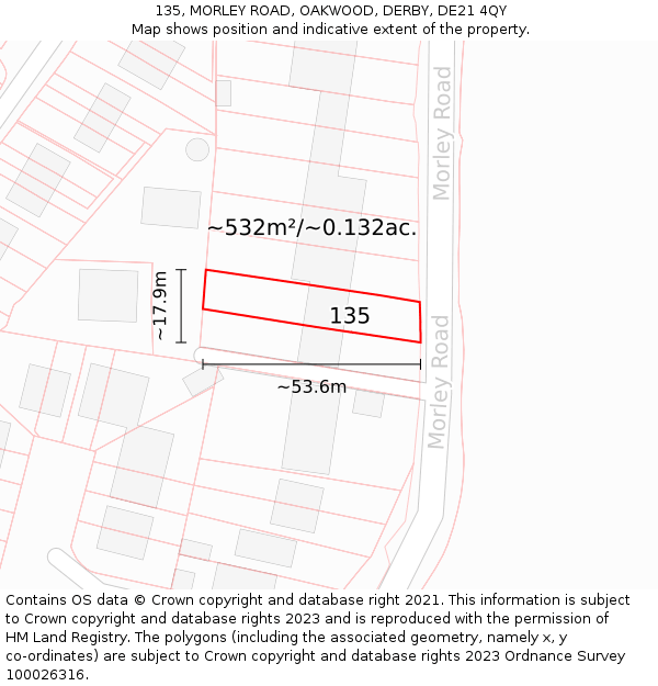 135, MORLEY ROAD, OAKWOOD, DERBY, DE21 4QY: Plot and title map