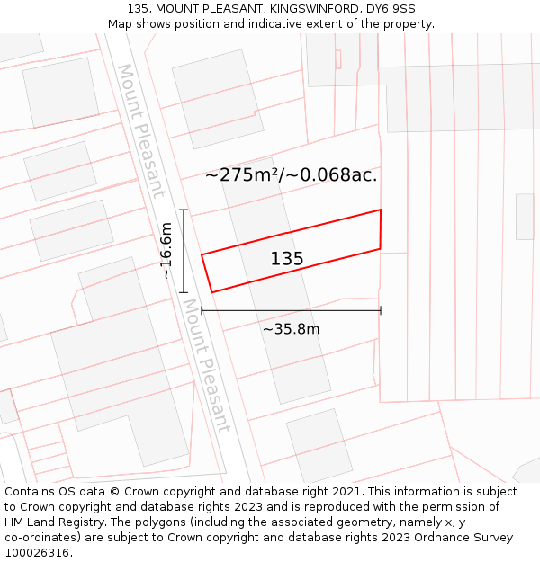 135, MOUNT PLEASANT, KINGSWINFORD, DY6 9SS: Plot and title map