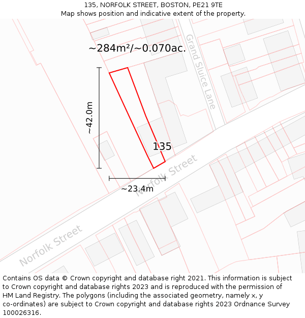 135, NORFOLK STREET, BOSTON, PE21 9TE: Plot and title map