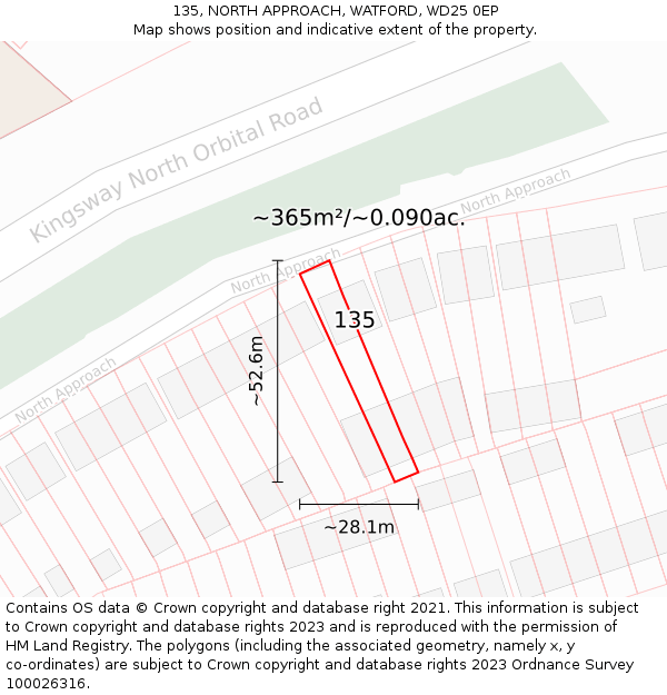 135, NORTH APPROACH, WATFORD, WD25 0EP: Plot and title map