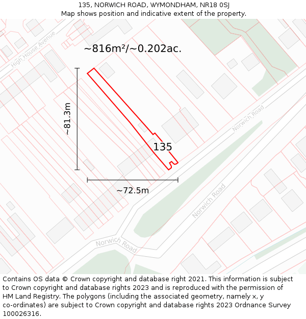 135, NORWICH ROAD, WYMONDHAM, NR18 0SJ: Plot and title map