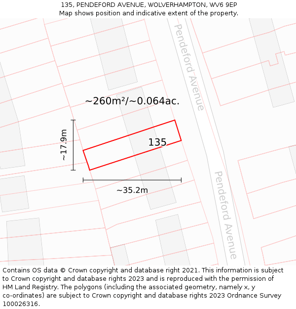 135, PENDEFORD AVENUE, WOLVERHAMPTON, WV6 9EP: Plot and title map