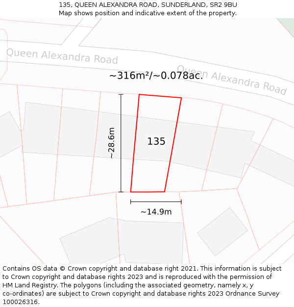 135, QUEEN ALEXANDRA ROAD, SUNDERLAND, SR2 9BU: Plot and title map