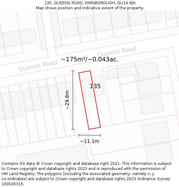 135, QUEENS ROAD, FARNBOROUGH, GU14 6JN: Plot and title map