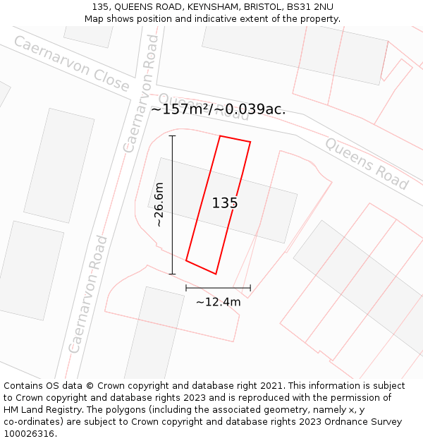 135, QUEENS ROAD, KEYNSHAM, BRISTOL, BS31 2NU: Plot and title map