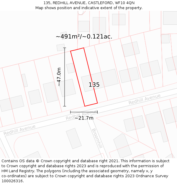 135, REDHILL AVENUE, CASTLEFORD, WF10 4QN: Plot and title map