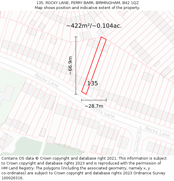 135, ROCKY LANE, PERRY BARR, BIRMINGHAM, B42 1QZ: Plot and title map