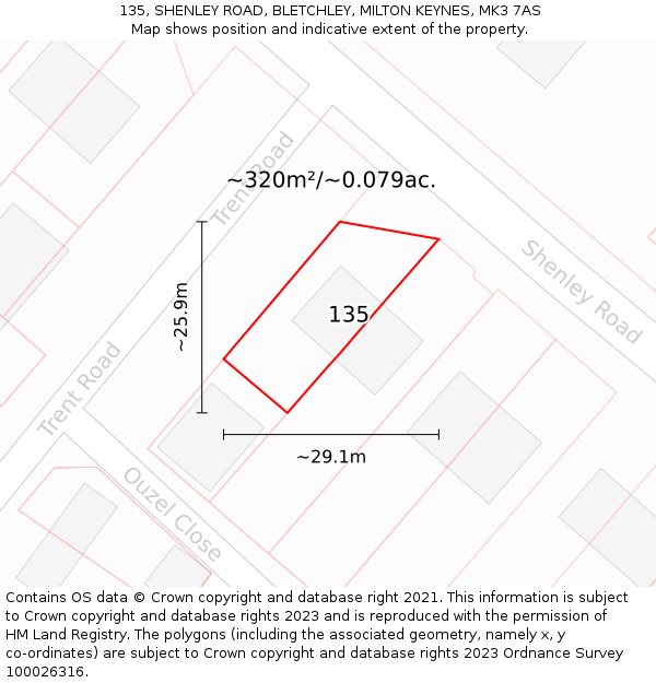 135, SHENLEY ROAD, BLETCHLEY, MILTON KEYNES, MK3 7AS: Plot and title map
