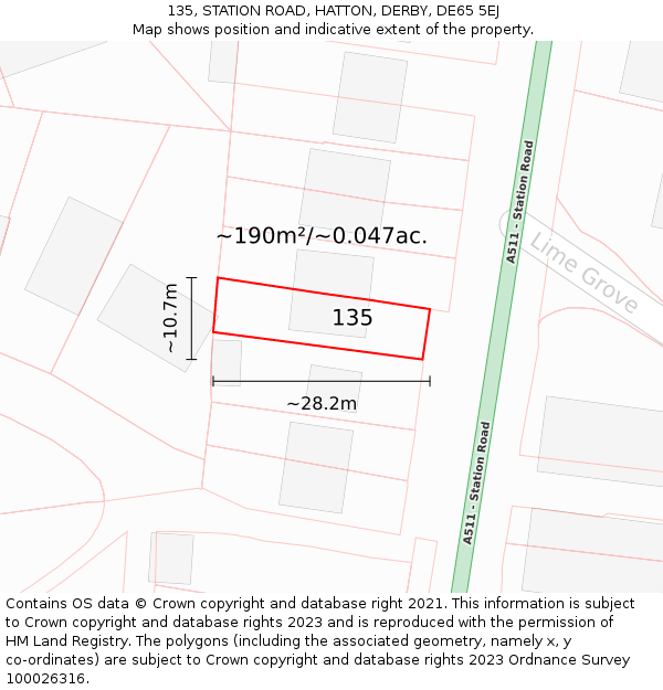 135, STATION ROAD, HATTON, DERBY, DE65 5EJ: Plot and title map