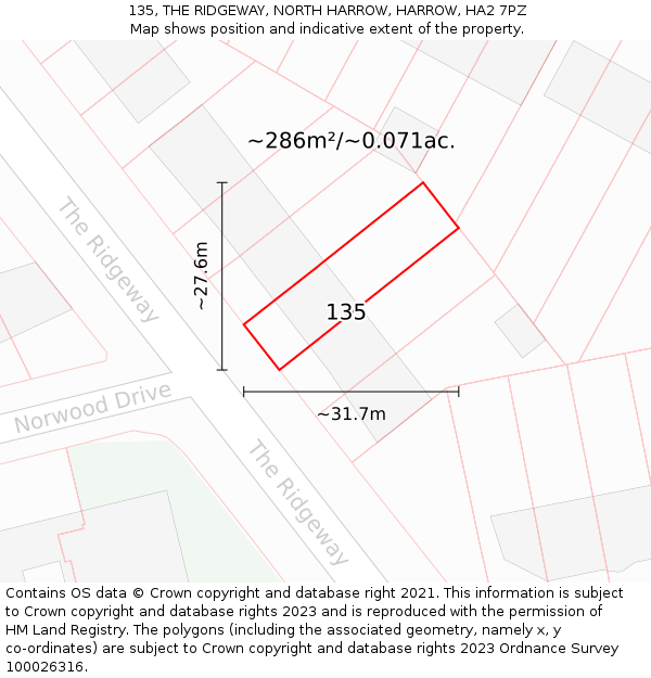 135, THE RIDGEWAY, NORTH HARROW, HARROW, HA2 7PZ: Plot and title map