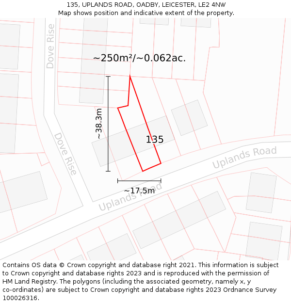 135, UPLANDS ROAD, OADBY, LEICESTER, LE2 4NW: Plot and title map