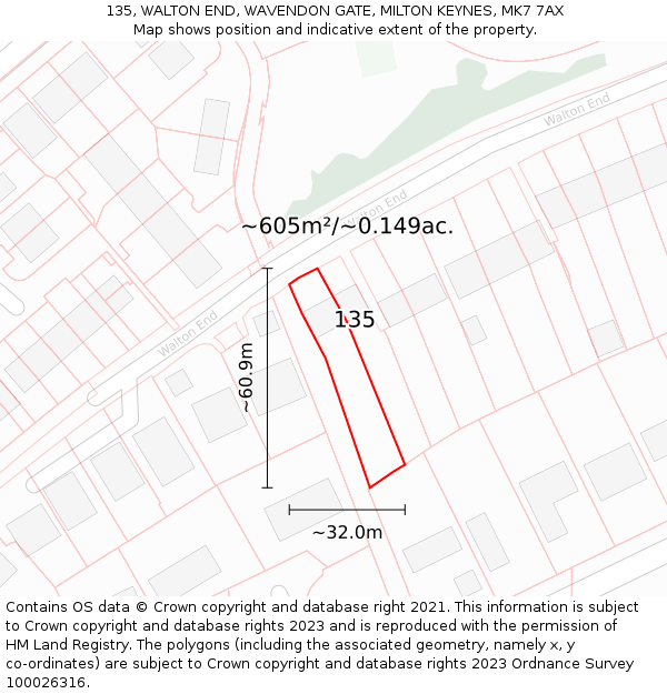 135, WALTON END, WAVENDON GATE, MILTON KEYNES, MK7 7AX: Plot and title map