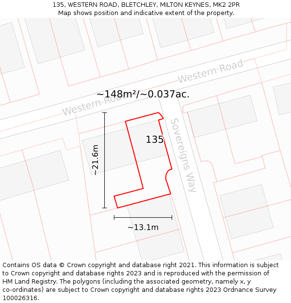 135, WESTERN ROAD, BLETCHLEY, MILTON KEYNES, MK2 2PR: Plot and title map