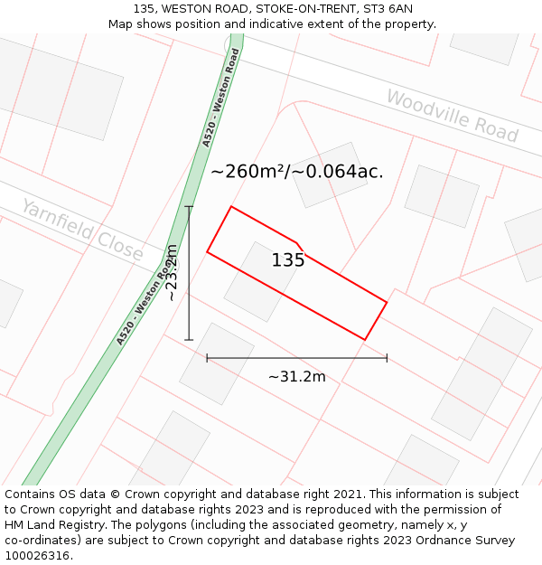 135, WESTON ROAD, STOKE-ON-TRENT, ST3 6AN: Plot and title map