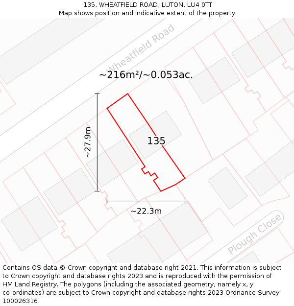 135, WHEATFIELD ROAD, LUTON, LU4 0TT: Plot and title map