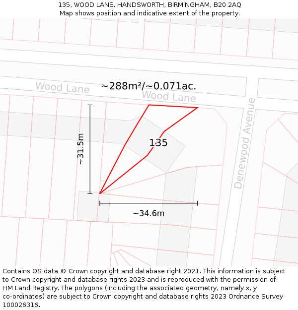 135, WOOD LANE, HANDSWORTH, BIRMINGHAM, B20 2AQ: Plot and title map