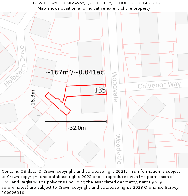 135, WOODVALE KINGSWAY, QUEDGELEY, GLOUCESTER, GL2 2BU: Plot and title map