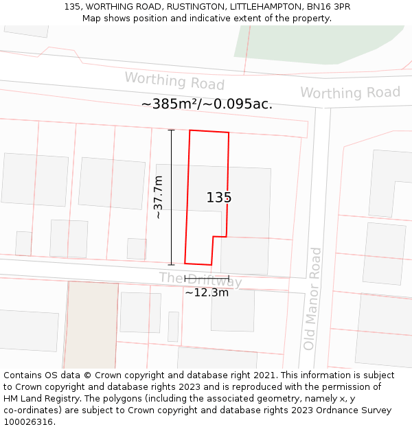 135, WORTHING ROAD, RUSTINGTON, LITTLEHAMPTON, BN16 3PR: Plot and title map