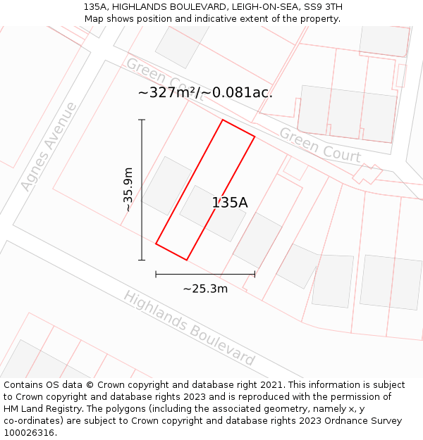135A, HIGHLANDS BOULEVARD, LEIGH-ON-SEA, SS9 3TH: Plot and title map