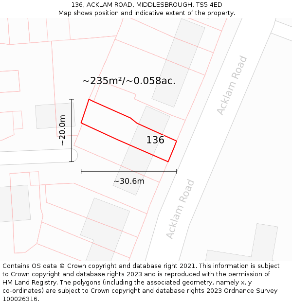 136, ACKLAM ROAD, MIDDLESBROUGH, TS5 4ED: Plot and title map