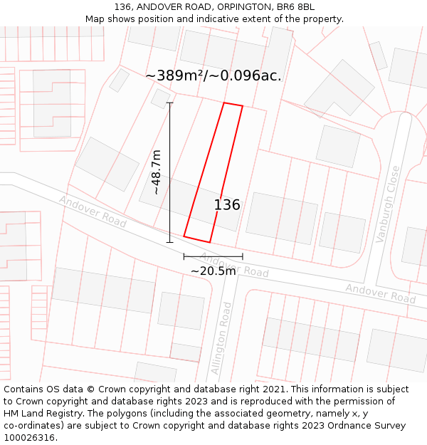 136, ANDOVER ROAD, ORPINGTON, BR6 8BL: Plot and title map