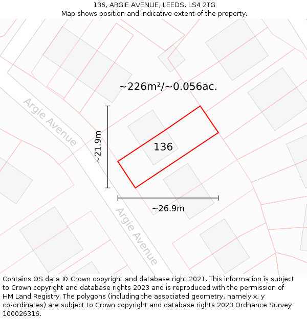 136, ARGIE AVENUE, LEEDS, LS4 2TG: Plot and title map
