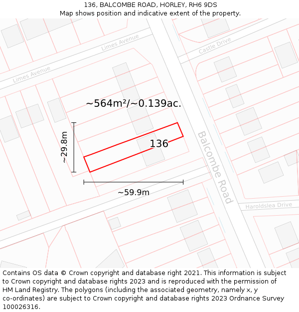 136, BALCOMBE ROAD, HORLEY, RH6 9DS: Plot and title map