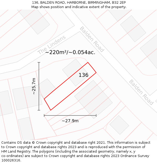 136, BALDEN ROAD, HARBORNE, BIRMINGHAM, B32 2EP: Plot and title map