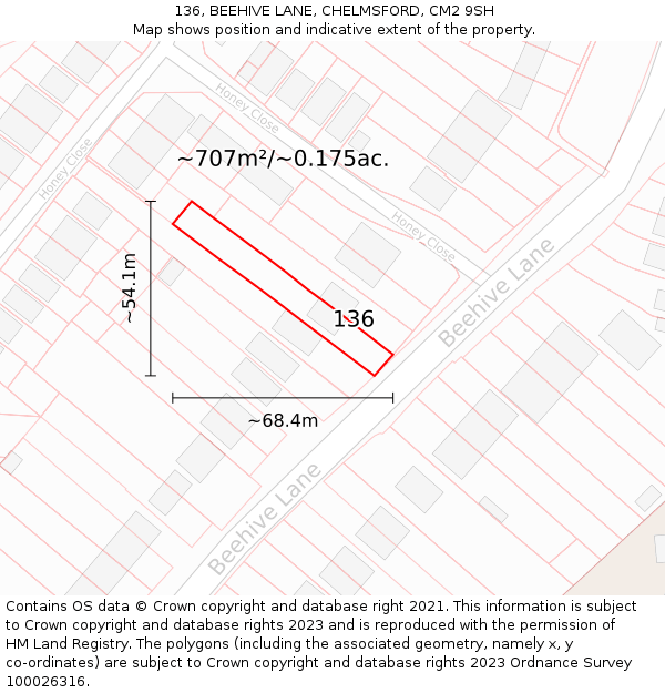 136, BEEHIVE LANE, CHELMSFORD, CM2 9SH: Plot and title map