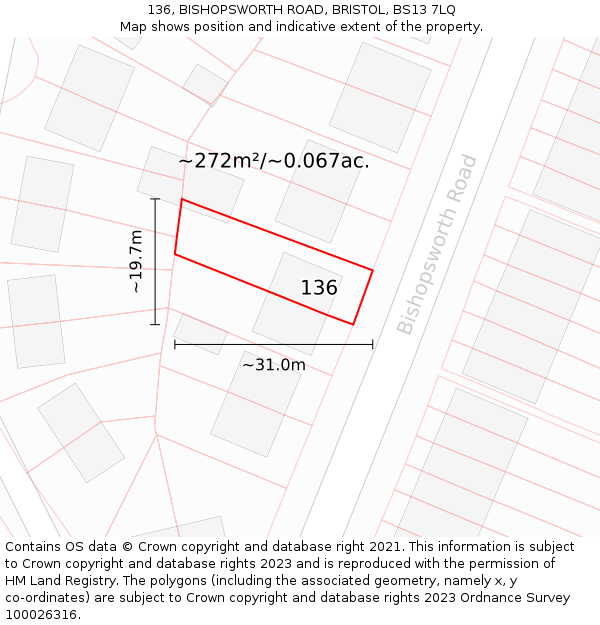 136, BISHOPSWORTH ROAD, BRISTOL, BS13 7LQ: Plot and title map