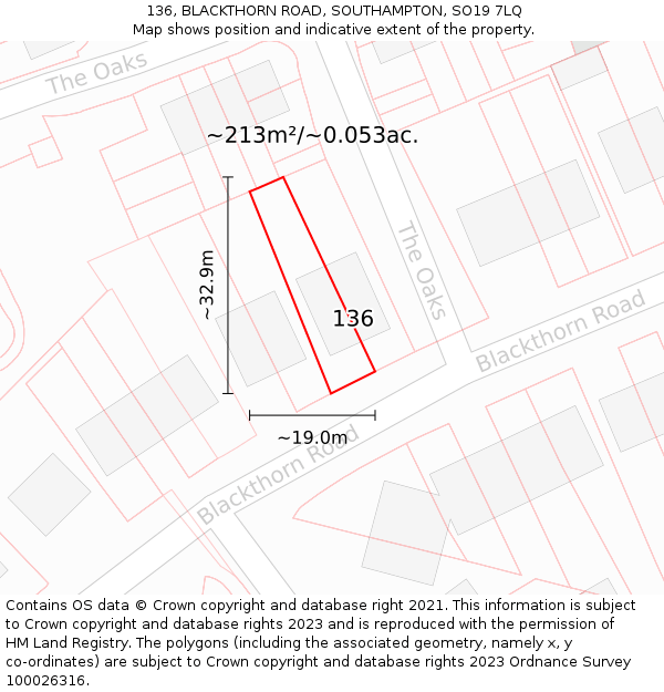 136, BLACKTHORN ROAD, SOUTHAMPTON, SO19 7LQ: Plot and title map