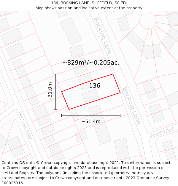 136, BOCKING LANE, SHEFFIELD, S8 7BL: Plot and title map
