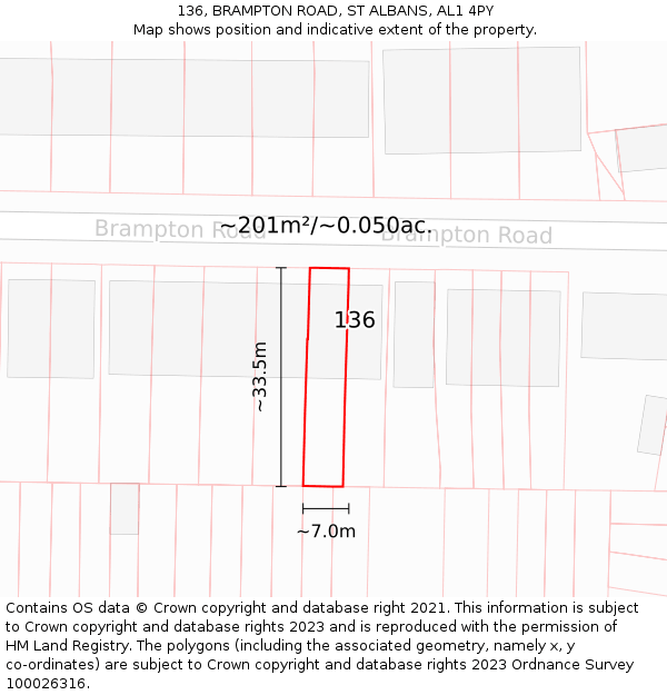 136, BRAMPTON ROAD, ST ALBANS, AL1 4PY: Plot and title map