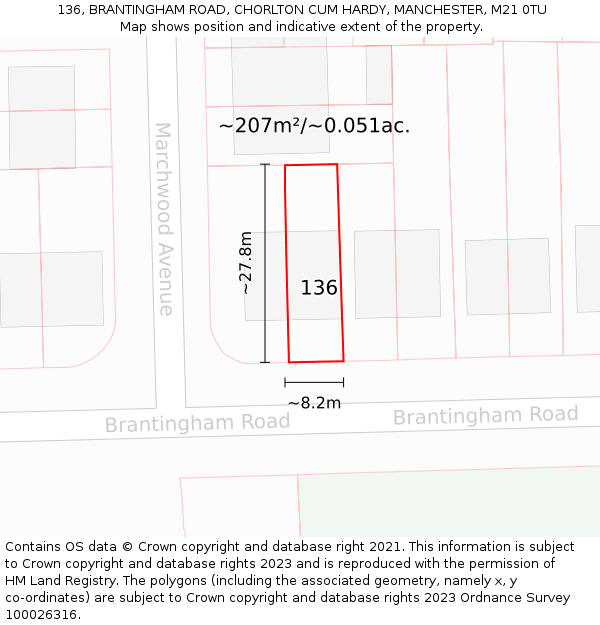 136, BRANTINGHAM ROAD, CHORLTON CUM HARDY, MANCHESTER, M21 0TU: Plot and title map