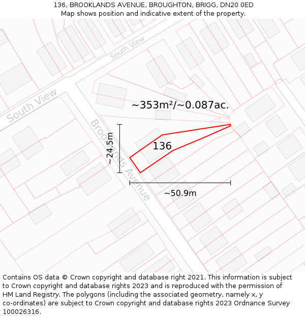 136, BROOKLANDS AVENUE, BROUGHTON, BRIGG, DN20 0ED: Plot and title map