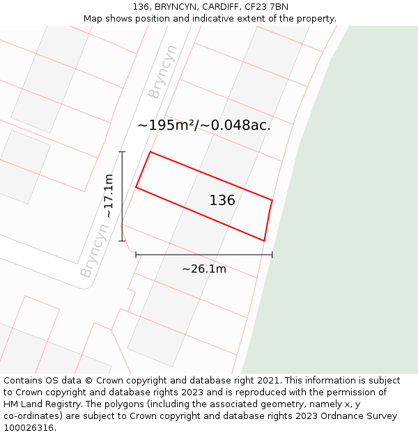 136, BRYNCYN, CARDIFF, CF23 7BN: Plot and title map