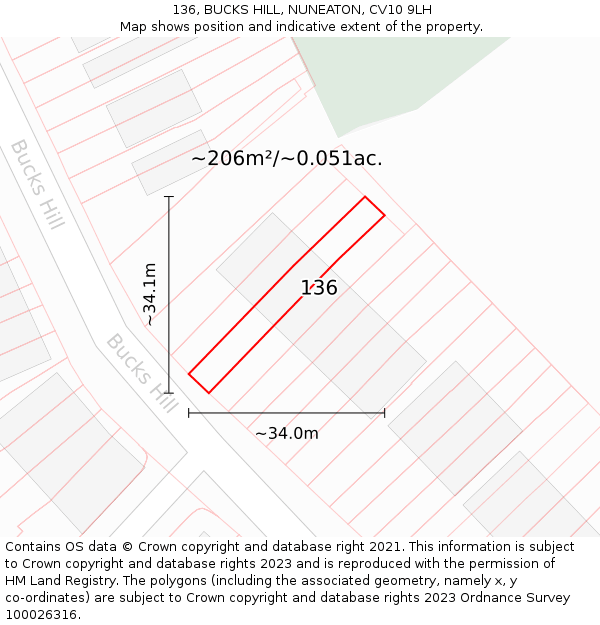 136, BUCKS HILL, NUNEATON, CV10 9LH: Plot and title map