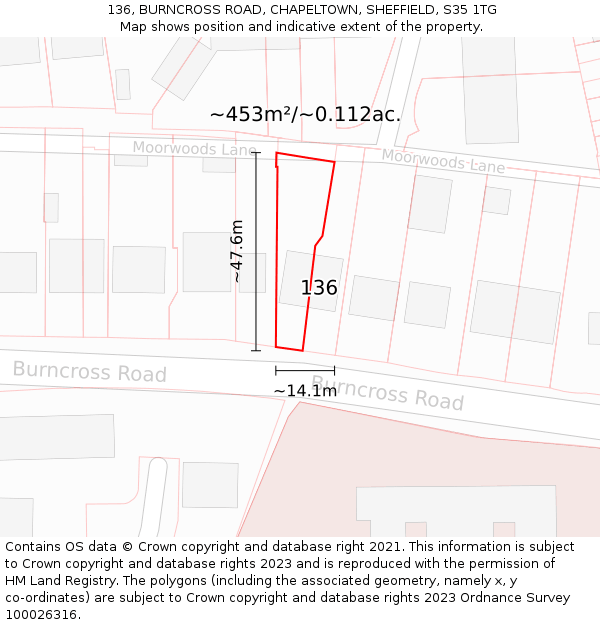 136, BURNCROSS ROAD, CHAPELTOWN, SHEFFIELD, S35 1TG: Plot and title map