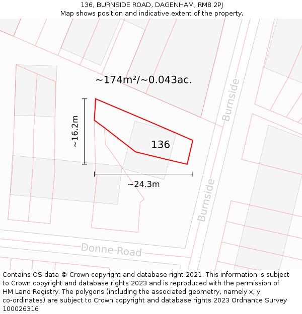 136, BURNSIDE ROAD, DAGENHAM, RM8 2PJ: Plot and title map